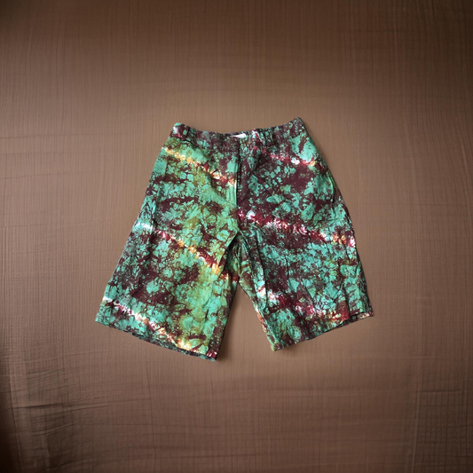 Dark Red and Green Tie Die Long  Shorts