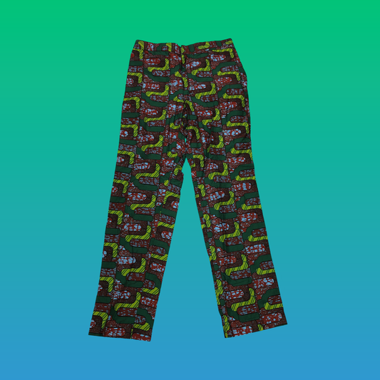 Dark Green and Red Puzzle Print Straight Leg Pants